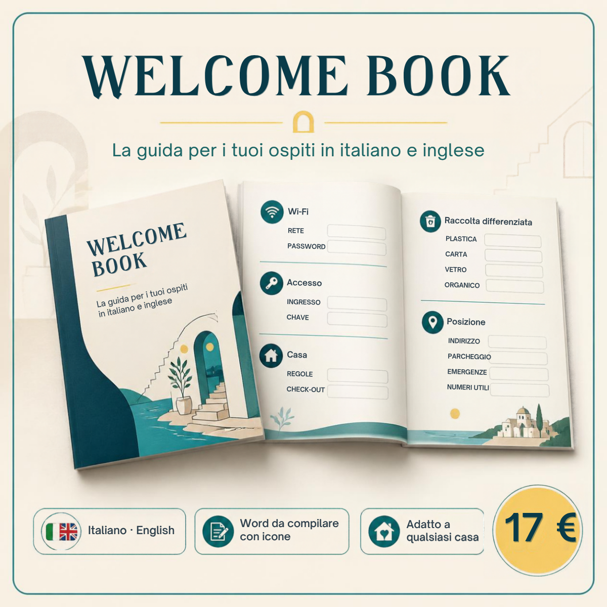 Welcome Book per ospiti in italiano e inglese, template Word con icone per case vacanza e B&B