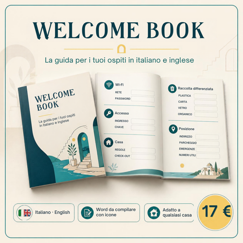 Welcome Book per ospiti in italiano e inglese, template Word con icone per case vacanza e B&B